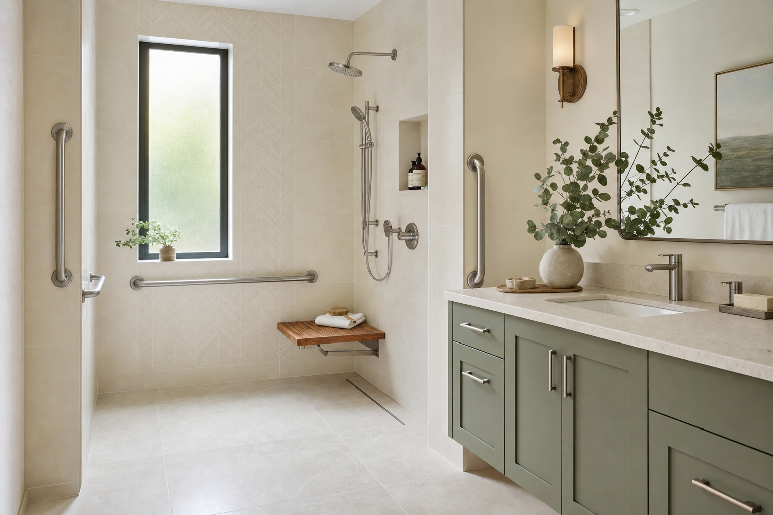Accessible bathroom with brushed nickel grab bars, walk-in shower, and teak fold-down bench