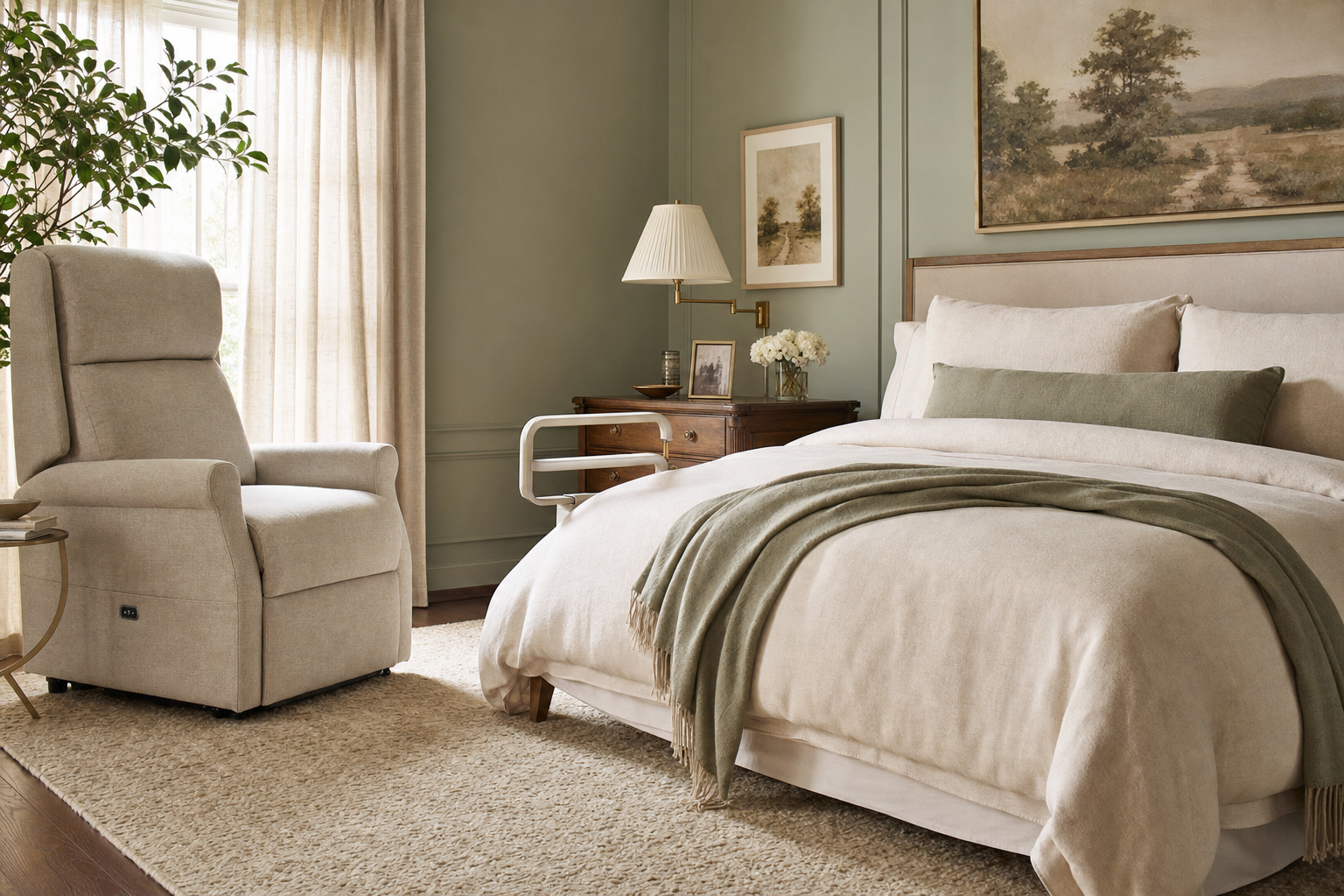 Serene accessible bedroom with bed rail, lift recliner, and warm sage and cream palette