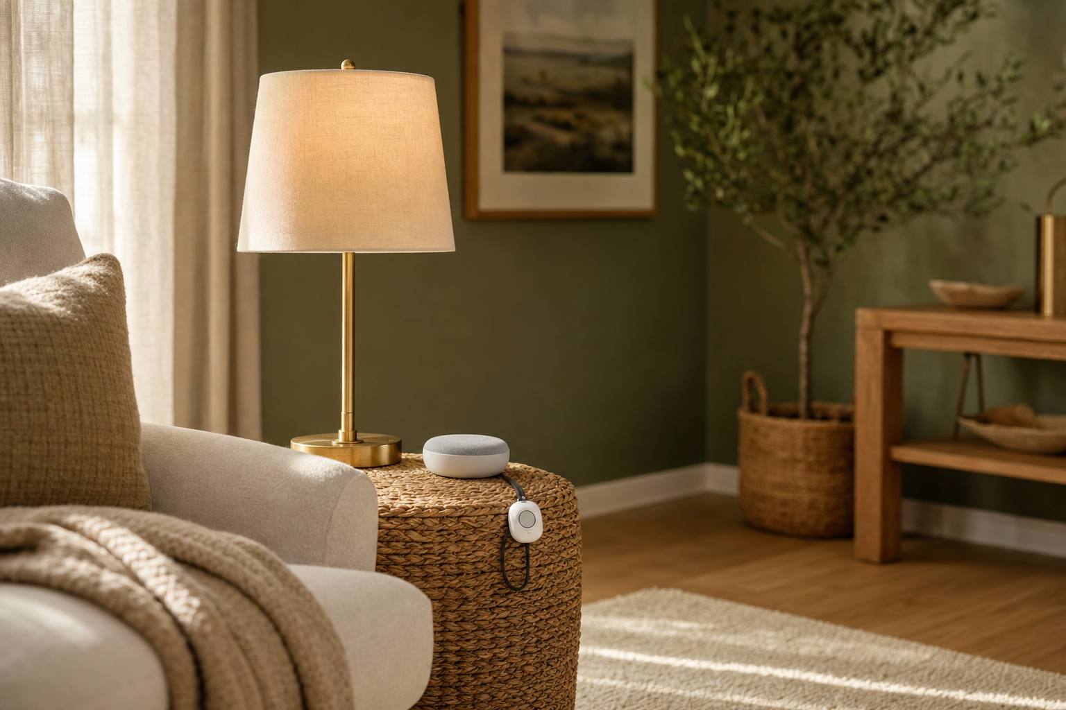 Smart speaker and medical alert pendant on a side table in a sage-green living room — health and tech for aging in place