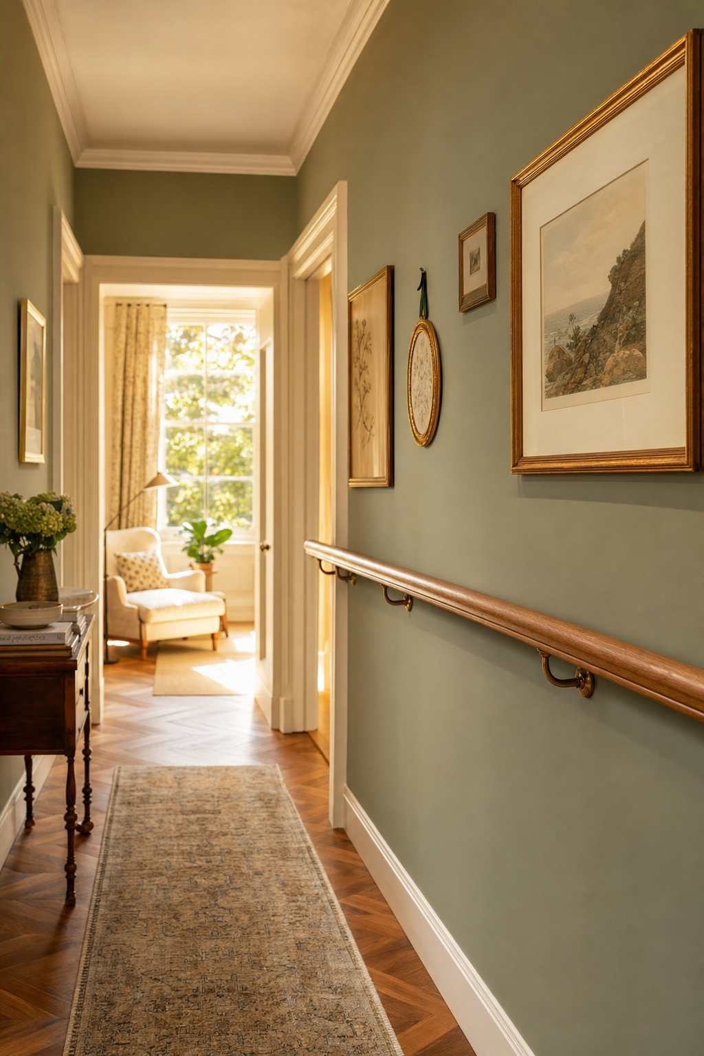 Sunlit home hallway with a wooden handrail mounted along a sage green wall — a warm, accessible aging-in-place interior