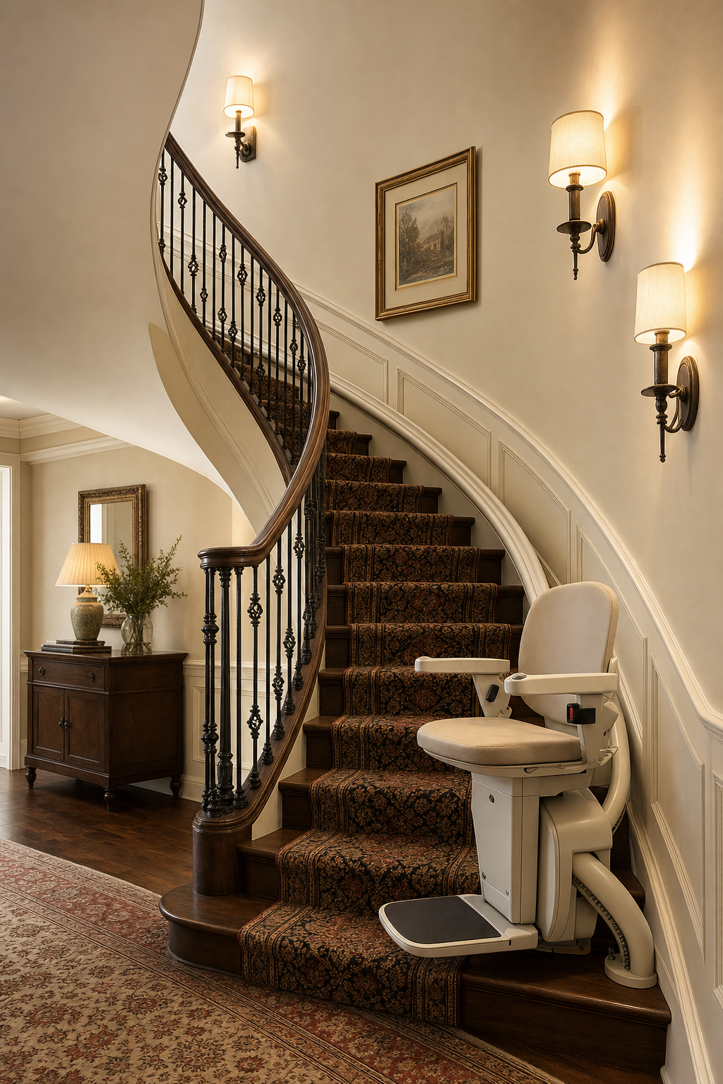 Modern stairlift on an elegant curved staircase — mobility aid for aging in place